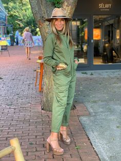 Army Green Long Sleeve Jumpsuit  98% BCI Cotton, 2% Spandex Slightly cropped leg Adjustable tabs at the waist Fitted Khaki Jumpsuits And Rompers For Spring, Pave Ear Cuff, I Love You Mama, Triple Layer Necklace, Alex Mill, Charm Choker Necklace, Medium Hoop Earrings, Bar Pendant Necklace, Rainbow Beads