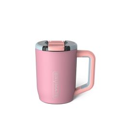 a pink coffee cup with a handle and lid