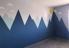 Wall painting of mountains for children room Kids Accent Wall Boys Bedroom, Geometric Mountain Mural, Toddler Wall Paint Ideas, Kids Room Mountain Wall, Mountain Painted Wall, Mountains Wall Painting, Wall Painting Ideas Bedroom Boys, Office Wall Murals Ideas, Toddler Room Wall Paint