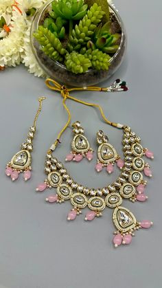 Kundan necklace and earring with light pink beads Luxury Elegant Pink Kundan Necklace, Kundan Necklace, Kundan Necklaces, Pink Beads, Gold Gold, Light Pink, Gold Necklace, Beads, Pink