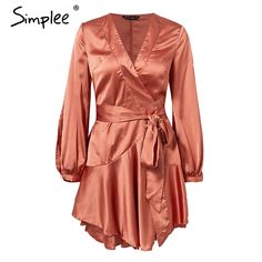 FREE SHIPPING Ruffles v neck sash women dress Flare sleeve high waist sexy satin dress Autumn winter red wrap casual dress JKP2103 Winter Red, Autumn Sleeve, Ruffled Tunic, Flare Long Sleeve, Long Sleeve Wrap Dress, Dress Autumn, Striped One Piece, Striped Sleeve, Fancy Outfits