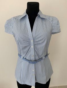 Vintage cotton striped beautiful and stylish shirt. Puff short sleeves Excellent condition Sizing  US 6, UK10, EU 38 Length 61cm/24 inches Waist 80cm/31.5 inches Chest 96cm/37.8 inches Short Sleeve Shirt With Striped Collar For Work, Vertical Stripes Summer Office Tops, Classic Pinstripe Short Sleeve Top, Short Sleeve Vertical Stripe Workwear Blouse, Short Sleeve Vertical Stripes Blouse For Work, Fitted Vertical Stripes Office Shirt, Summer Office Shirt With Striped Collar, Short Sleeve Blouse With Striped Collar For Work, Elegant Striped Short Sleeve Shirt