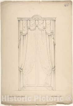 an old drawing of a window with curtains and draperies on the sides, drawn in pencil