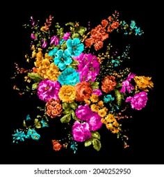 a bouquet of colorful flowers on a black background