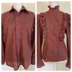 "This matchy-matchy set of plaid prairie-chic button down tops is too much.  The \"women's\" blouse features plentiful puffed sleeves, a high, ruffled collar, ruffled yoke with heart-shaped buttons from collar down on the left side, and ruffled cuffs closed with fabric loop button closure. Excellent condition. The \"men's\" top features a pointed collar and yoke (angled down from arm seam to button placket), luminous red snap closure down the front, and matching 3-snap closure on the cuffs. There is some fraying about 2/3 down on the inside edge of the inside button placket. Not visible when snapped up - see pictures.  Both are made out of a red, green, and blue plaid (predominantly red) with shiny gold thread detail. There are not tags, and I suspect these may be handmade (French seams in Fall Gingham Button-up Blouse, Fall Gingham Tops With Buttons, Plaid Blouse With Button Closure For Daywear, Classic Plaid Blouse For Fall, Vintage Plaid Blouse For Fall, Fall Gingham Shirt With Buttons, Fitted Plaid Button-up Blouse, Plaid Cotton Blouse With Buttons, Fitted Plaid Blouse With Buttons