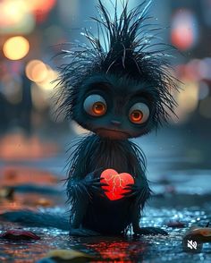 a cartoon character holding a heart in the rain