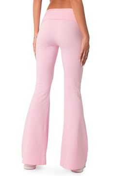 These shapely, stretchy cotton knit pants are topped with a fold-over banded waist and finished with flared legs. 95% cotton, 5% spandex Machine wash, dry flat Imported Light Pink Flare Pants Outfit, Foldover Flare Leggings, Light Pink Flare Leggings, Cute All Pink Outfits, Pink Y2k Clothes Png, Cute Bottoms Pants, Clothes 2024 Trends, Light Pink Clothing, Trendy High Stretch Cotton Pants