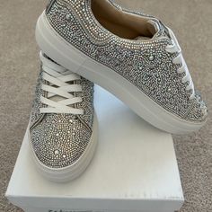 Rhinestone Fashion Sneakers, Platform, Size 9.5, Brand New In Box, Silver Embellished Low-top Sneakers, Elegant Embellished Low-top Sneakers, Silver Embellished Sneakers With Round Toe, Bedazzled Low-top Synthetic Sneakers, Low-top Synthetic Sneakers With Rhinestones, Silver Embellished Round Toe Sneakers, Bedazzled Synthetic Low-top Sneakers, Trendy Rhinestone Low-top Sneakers, Trendy Low-top Rhinestone Sneakers