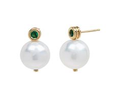 With their stunning combination of pearls and emeralds, these Beck Jewels earrings will add a perfect modern luxury to any collection. The round emeralds are set in a polished 18K yellow gold scuba setting and anchored by one large, round white freshwater pearl. The emerald studs connect to 18K yellow gold post backs. total length : 3/4"emeralds : 3mm diameter : .08cttwfreshwater pearls : 13mm diameter18K yellow gold post backs Elegant Green Pearl Earrings For May Birthstone, Formal Green Pearl Drop Earrings, Formal Pearl Drop Earrings For May Birthstone, Classic Green Pearl Drop Earrings, Green Round Pearl Earrings For Formal Occasions, Green Pearl Earrings For Formal Occasions, Green Round Classic Pearl Earrings, Emerald Studs, Jeweled Earrings