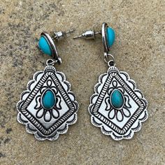 New Earrings! Never Been Worn. Add A Splash Of Effortless Style With These Boho Dangle Earrings. You Will Make A Statement Whether You Pair Them With A T-Shirt And Jeans Or Something A Little Dressier. Silver Tone Bohemian Style Dangle Earrings With Faux Turquoise Colored Stones. Post Back. Lightweight. Measures Almost 1 3/4 Inch Long. Fast Shipping! Southwestern Nickel-free Teardrop Earrings, Adjustable Blue Bohemian Teardrop Earrings, Turquoise Chandelier Earrings For Festivals, Blue Bohemian Teardrop Earrings Nickel Free, Aztec Jewelry, Rose Gold Circle, Gold Chandelier Earrings, Abstract Earrings, Sunflower Earrings