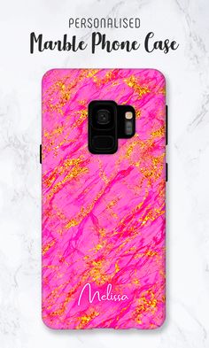 personalized pink marble phone case with gold glitter