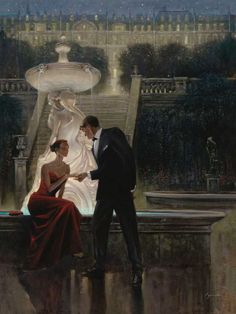 a painting of two people standing in front of a fountain