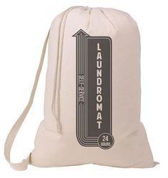 a drawsack bag with an arrow on the front and back side, in white