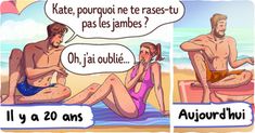 comic strip with man and woman sitting on the beach talking to each other, in french