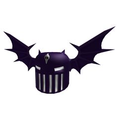 a purple helmet with black bats on the front and back ends, as if it were in a knight's armor