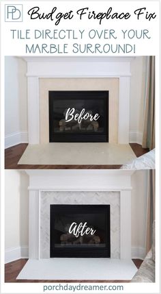 two fireplaces with the words before and after painted on them in black, white and gold