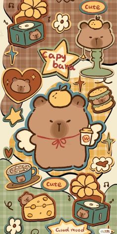 a cartoon bear is surrounded by food and other things in the background, with words on it