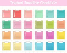 the printable tropical smoothie checklist is shown in pink, yellow and blue