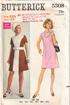 1960s Princess Seam Dress SZ 22.5 Butterick 5308 Size 22½  BUST 45"  WAIST 39"  HIP 48" Sewing pattern is uncut and factory folded.  Instructions here.  Envelope has shelf wear; ink stamp; wrinkling; yellowing; etc. Sewing pattern to make: Dress ~ slightly fitted; A-line; jewel neckline; short sleeves; sleeveless; back zipper; above knee length; Princess Seams; optional contrast front;  Re-sizing a pattern is simple, instructions may be found here: https://www.sensibility.com/blog/tips/how-to-re Mod Dress Pattern, Etsy Patterns, 1960s Mod Dress, Butterick Dress Patterns, Princess Seam Dress, 1960s Dresses, 1960 Fashion, 60s 70s Fashion, Fashion 1960s