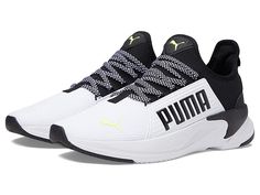 PUMA Softride Premier Slip-On - Men's Shoes : Puma White/Puma Black/Yellow Alert : Hook everyone's attention wearing the sporty and casual PUMA Softride Premier Slip-On sneakers. Textile and synthetic upper. Textile lining. Removable textile insole. IMEVA midsole. SoftFoam+ footbed for optimum comfort. SoftRide foam heel for providing extreme cushioning. Sculpted collar for security. Stretch laces. Pull tab on the back. Round toe. Slip-on closure with laces. Synthetic outsole. Imported. Measurem Technical Lace-up Training Sneakers, High-top Running Shoes With Laces For Training, White Sporty Running Shoes With Elastic Laces, Sporty White Running Shoes With Elastic Laces, Athleisure Training Sneakers With Laces, Training Sneakers With Elastic Laces, Athleisure Sneakers With Elastic Laces For Training, Dynamic Sneakers With Elastic Laces For Training, Athleisure Training Sneakers With Elastic Laces