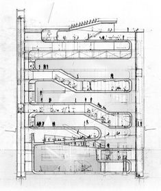 an architectural drawing of a subway station with people walking and riding on the escalators