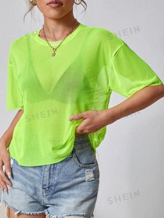 SHEIN USA Non-stretch Crew Neck Top For Beach, Non-stretch Solid Color Beach Top, Stretch Solid Color Knit Top For Summer, Stretch Solid Color Top For Vacation, Green Stretch Mesh Top Casual Style, Green Solid Color Beach Top, Stretch Crew Neck Knit Top For Beach, Trendy Crew Neck Knit Top For Vacation, Stretch Knit Crew Neck Top For Beach