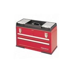 a red toolbox with two drawers on the front and one drawer open to show it's contents