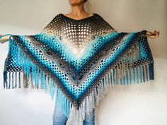 "❤SHIPPING from the USA https://etsy.me/3dmHrSe ❤READY TO SHIP: https://etsy.me/3tM4XPH ❤WOODEN SHAWL PIN-CLIP HERE: http://etsy.me/3ezPsWg Blue Crochet Poncho Pride Women, Unisex Poncho Men Triangle Shawl Wraps Fringe, Plus size Festival Poncho Vegan Granny square coat Brown This Poncho is OOAK. It can be repeated from different yarn, but never from the same. 100% Hand Made YARN: 100% Premium Acrylic Size: MAXI Shawl 11: Length - top 106\" / 270 cm, Center height 49' / 125 cm + Fringe 6\" / 15c Handmade Fall Festival Shawl, Handmade Poncho For Fall Festival, Handmade Oversized Winter Poncho, Winter Handmade Oversized Poncho, Handmade Winter Poncho, Handmade Fall Festival Poncho, Crochet Poncho For Winter Festival, Winter Festival Crochet Poncho, Oversized Crochet Poncho For Winter