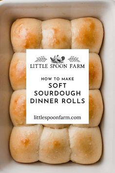 a white dish filled with doughnuts and the title how to make soft sourdough dinner rolls