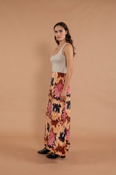 Introducing our Ranchi Straight Maxi Skirt, featuring a playful and unique print that adds a touch of whimsy to your wardrobe. Effortlessly elevate your style with this must-have piece, perfect for any occasion. Embrace individuality and make a statement with our exclusive skirt. Style #R5100-64NH-112 Floral Print Relaxed Maxi Skirt For Vacation, Maxi Length Floral Print Bottoms For Day Out, Chic Printed Skirt For Day Out, Chic Patterned Bottoms With Floral Print, Floral Print Maxi Bottoms For Vacation, Casual Floral Print Maxi Bottoms, Casual Maxi Length Bottoms With Floral Print, Chic Floral Print Maxi Bottoms, Maxi Length Floral Print Bottoms For Vacation