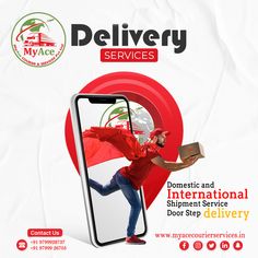 advertisement for delivery service with man in red shirt holding cardboard box and cell phone on white background