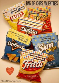 five bags of chips sitting on top of each other with the words, bag of chips valentine's day