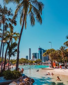 people are swimming and playing in the water near palm trees on a beach with skyscrapers in the background