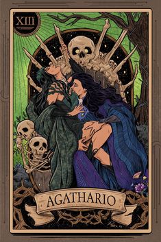 an image of a tarot card with two women and skulls on the back ground