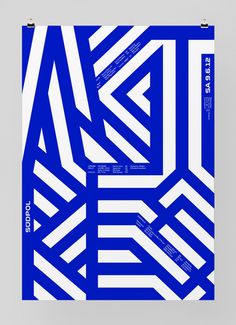 a blue and white poster with an abstract pattern on the front, in two different colors