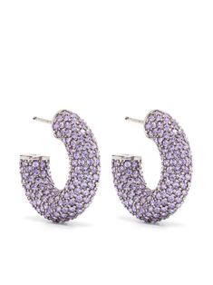 violet purple brass small hoop design glass crystal embellishment engraved logo for pierced ears post-back fastening These earrings come as a pair. Mini Earrings, Amina Muaddi, Hoop Design, Crystal Hoop Earrings, Earrings Purple, Purple Earrings, Red Jewelry, Zodiac Constellations, Aesthetic Shoes