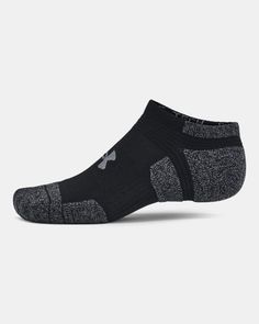 Thicker, durable material wicks sweat & dries really fast|Locked-in fit design with more compression keeps sock securely on heel for an adjustment-free fit|Mesh panels on top of foot for added breathability|Medium cushioning placed strategically throughout foot protects high-impact areas without added bulk|Odor control technology reduces odor in the sock|Built-in arch support helps reduce foot fatigue|Seamless toe delivers superior comfort & reduced irritation|Left/Right specific fit & design No Show Socks, Mesh Panel, Arch Support, New Product, Under Armour, White And Black, Socks, Heels, Fashion Design