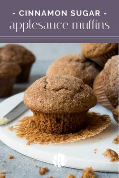 cinnamon sugar - appleauce muffins on a white plate