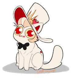 a white cat wearing a hat with red eyes and a bow tie on it's head