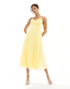 ASOS DESIGN pleated bodice strappy pleat midi dress with tie back detail in lemon | ASOS Formal Dresses Graduation, Cocktail Dress Formal, Guest Attire, Wedding Attire Guest, Winter Party Dress, Pleated Bodice, Pleated Midi Dress, Dress With Tie, Long Sleeve Floral Dress