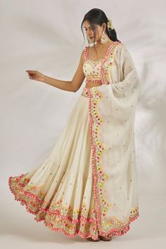 Shop for Gopi Vaid Ivory Organic Cotton Vedika Placement Thread Embroidered Lehenga Set for Women Online at Aza Fashions Gopi Vaid Lehenga, Layered Lehenga, Gopi Vaid, Tassel Ornament, Embroidered Motifs, Embroidered Lehenga, Embroidered Dupatta, Indian Clothes, Pattern Embroidery