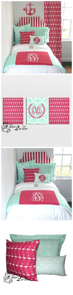 three pictures of the same bed with different pillows and covers on it, one is red and white