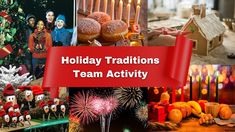 holiday celebrations and team activity are featured in this collage with images of people, candles, christmas trees, and other festive items