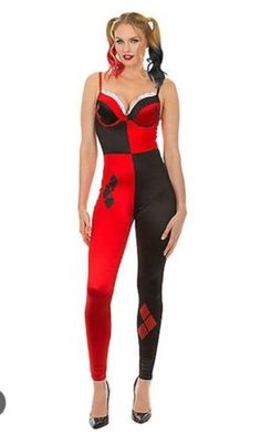 Harley Quinn Red Black Bodysuit Catsuit Rare! Costume Cosplay M show Ruffled NWT  | eBay Diamond Logo, Theatre Costumes, Costume Cosplay, Black Bodysuit, Catsuit, Brands Outlet, Black Design, Costumes For Women, Harley Quinn