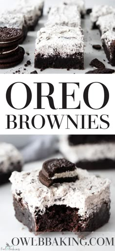 oreo brownies are stacked on top of each other with the words oreo cookies above them