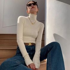 Mariana Turtleneck Sweater Knit Top Turtleneck Outfit Aesthetic, White Turtle Neck Outfit, White High Neck Sweater, White Turtleneck Outfit, High Neck Sweaters Women, Turtleneck Sweater Outfit, Turtleneck Outfit, Slim Sweater, Effortless Outfit