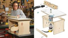 a man working on a workbench with tools in the background and an image of a woodworking bench being built