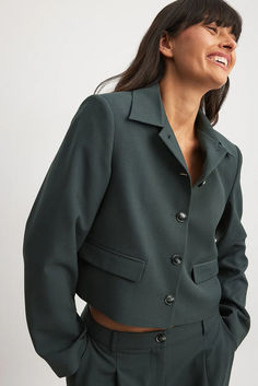 Oversized Short Blazer Fall Semi-formal Single-breasted Cropped Jacket, Cropped Button-up Jacket With Hidden Button Closure For Workwear, Fall Cropped Jacket With Notch Lapel And Button Closure, Fall Cropped Jacket With Notch Lapel, Green Collared Fall Blazer, Business Casual Single-breasted Cropped Jacket With Notch Lapel, Notch Lapel Single Breasted Cropped Jacket For Business Casual, Business Casual Notch Lapel Cropped Jacket, Green Blazer With Hidden Buttons For Office