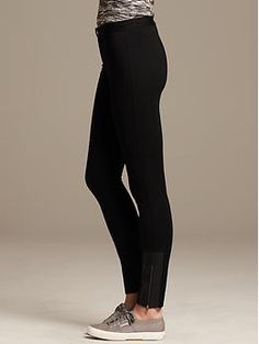 Faux-Leather Trim Ankle Zip Ponte Legging | Banana Republic Trendy Fall Leggings With Zipper Closure, Stretch Fall Leggings With Zipper Closure, Stretch Leggings With Zipper Closure For Fall, Sporty Leggings For Workwear In Fall, Chic Workwear Leggings With Zipper Closure, Sporty Leggings For Night Out In Fall, Chic Stretch Leggings With Zipper Closure, Casual Fall Leggings With Zipper Closure, Stretch Leggings With Zipper For Work