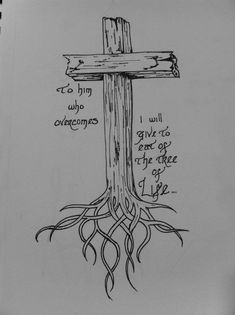 a drawing of a wooden cross with roots on it and the words to sing who overcome